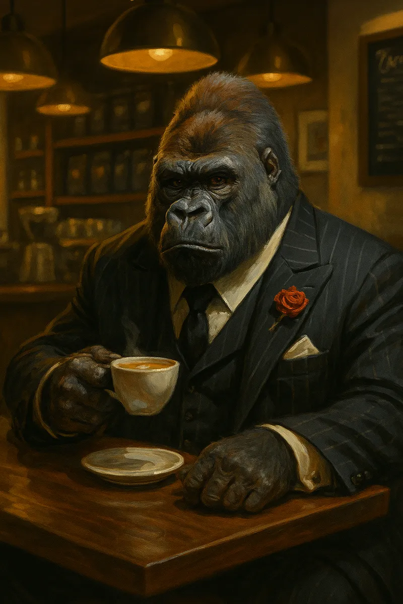 Don Gorila tomando un café en su cafetería