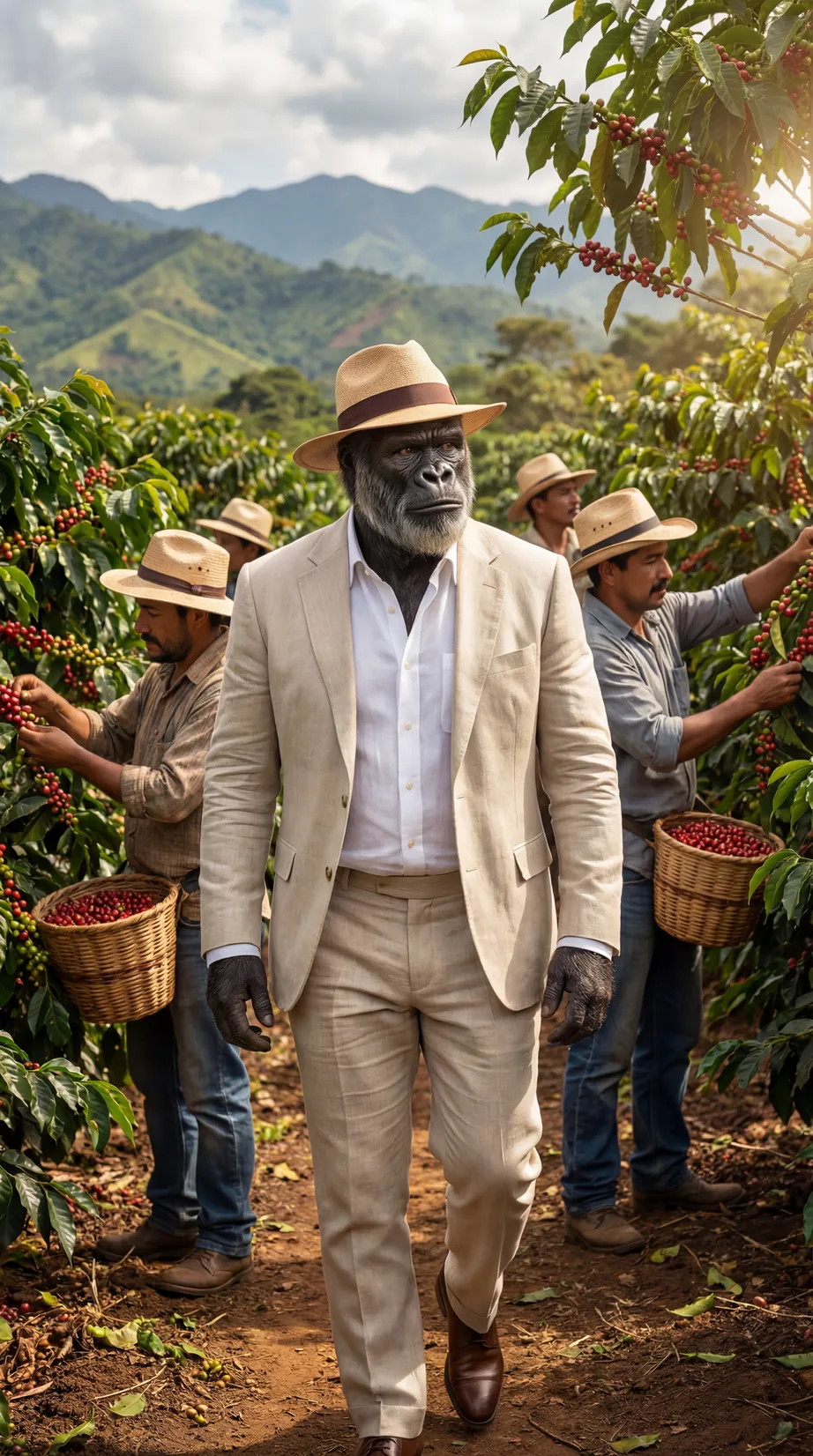 Don Gorila recorriendo una plantación de café durante la cosecha